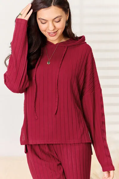 Tarryn Basic Bae Full Size Ribbed Drawstring Hood Top and Straight Pants Set