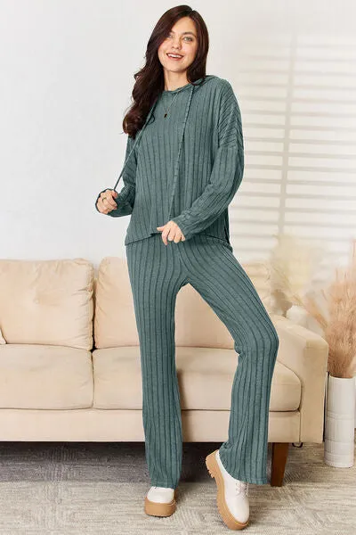 Tarryn Basic Bae Full Size Ribbed Drawstring Hood Top and Straight Pants Set