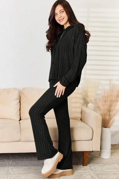 Tarryn Basic Bae Full Size Ribbed Drawstring Hood Top and Straight Pants Set