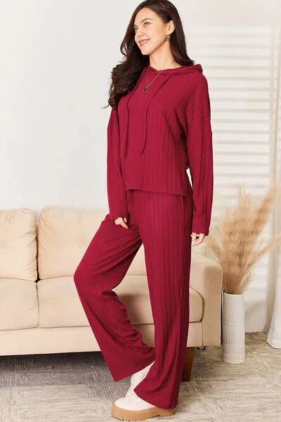 Tarryn Basic Bae Full Size Ribbed Drawstring Hood Top and Straight Pants Set