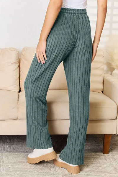 Tarryn Basic Bae Full Size Ribbed Drawstring Hood Top and Straight Pants Set