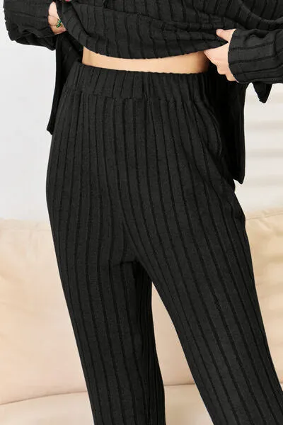 Tarryn Basic Bae Full Size Ribbed Drawstring Hood Top and Straight Pants Set