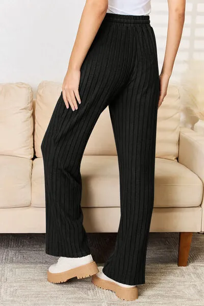 Tarryn Basic Bae Full Size Ribbed Drawstring Hood Top and Straight Pants Set