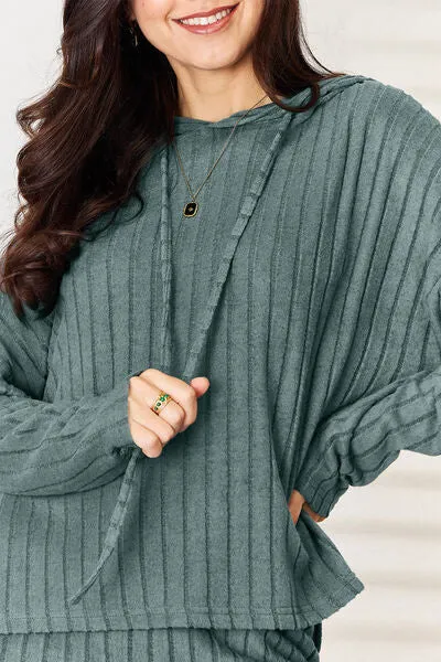 Tarryn Basic Bae Full Size Ribbed Drawstring Hood Top and Straight Pants Set