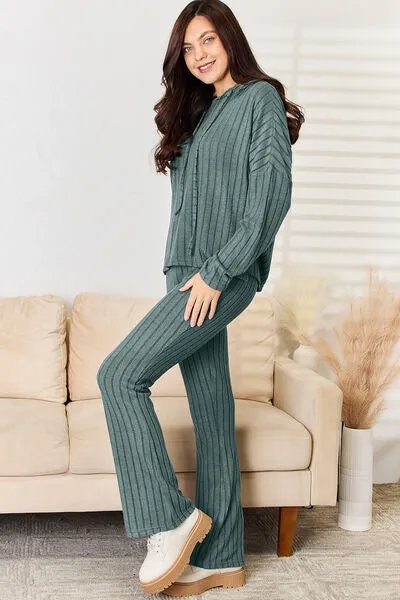 Tarryn Basic Bae Full Size Ribbed Drawstring Hood Top and Straight Pants Set