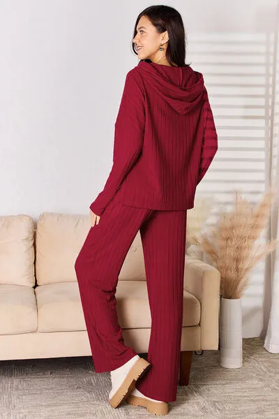 Tarryn Basic Bae Full Size Ribbed Drawstring Hood Top and Straight Pants Set