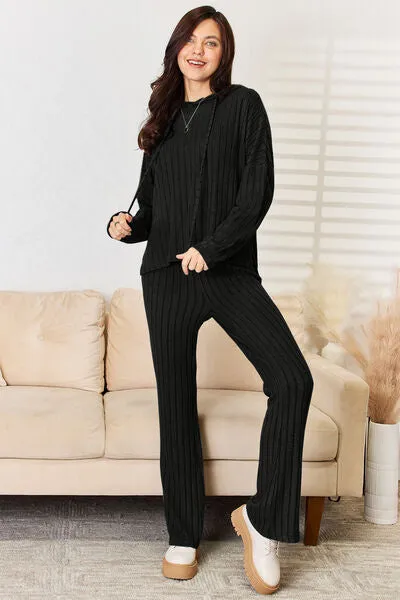 Tarryn Basic Bae Full Size Ribbed Drawstring Hood Top and Straight Pants Set