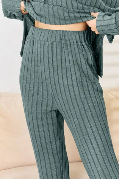 Tarryn Basic Bae Full Size Ribbed Drawstring Hood Top and Straight Pants Set