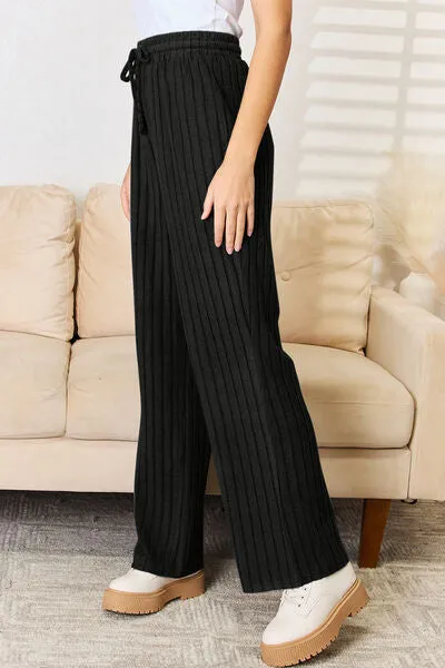 Tarryn Basic Bae Full Size Ribbed Drawstring Hood Top and Straight Pants Set
