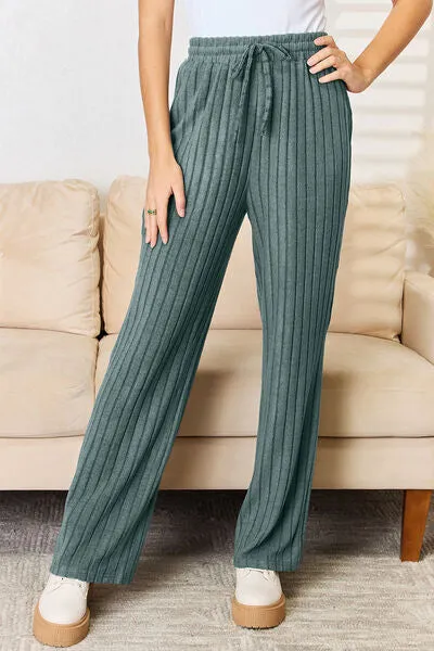 Tarryn Basic Bae Full Size Ribbed Drawstring Hood Top and Straight Pants Set