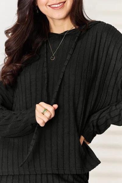 Tarryn Basic Bae Full Size Ribbed Drawstring Hood Top and Straight Pants Set