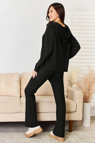 Tarryn Basic Bae Full Size Ribbed Drawstring Hood Top and Straight Pants Set
