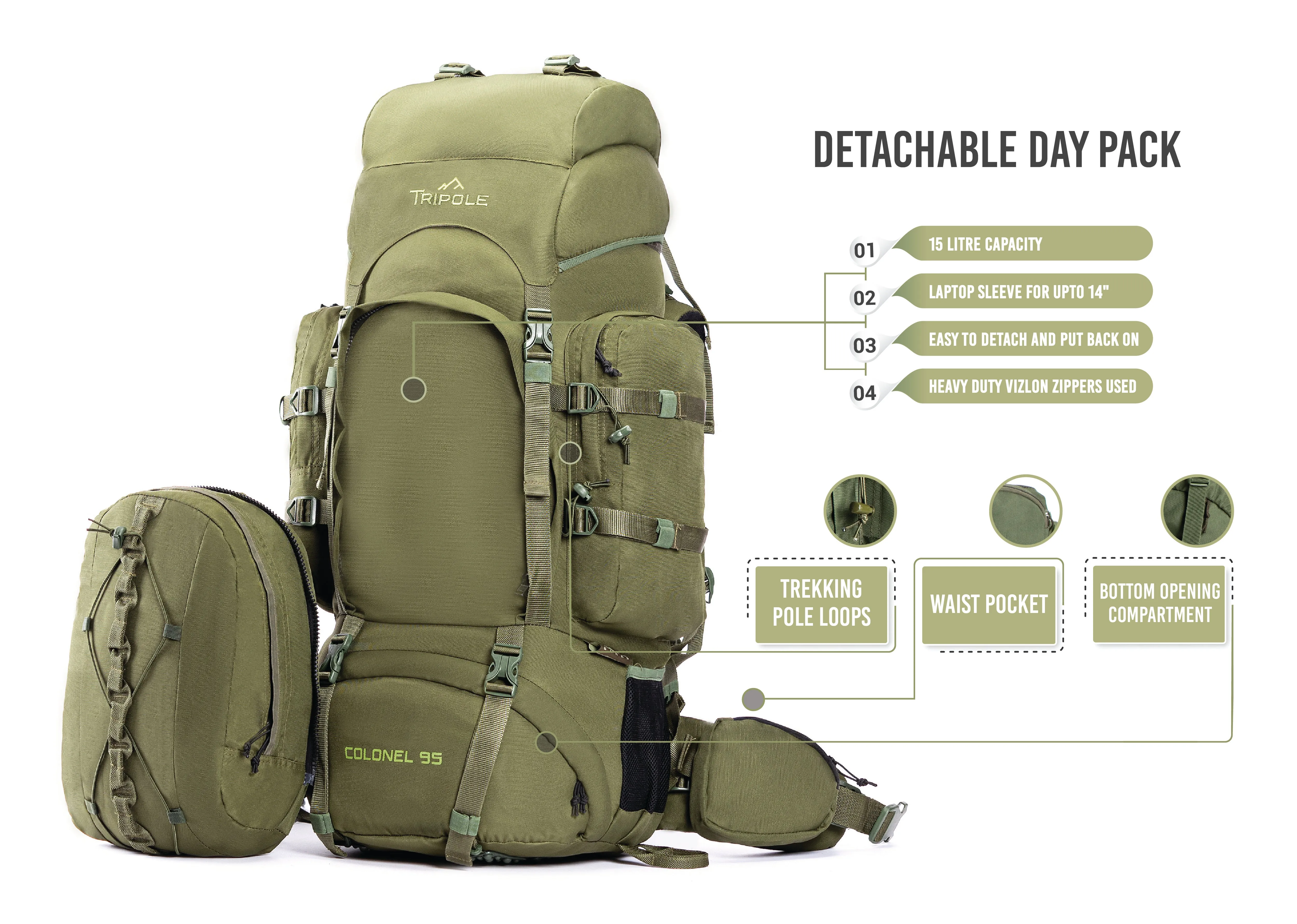 Tripole Colonel Metal Frame Rucksack with Detachable Bag & Rain Cover for Trekking & Travelling | Men & Women | 3 Year Warranty | Olive Green | 95 Litre
