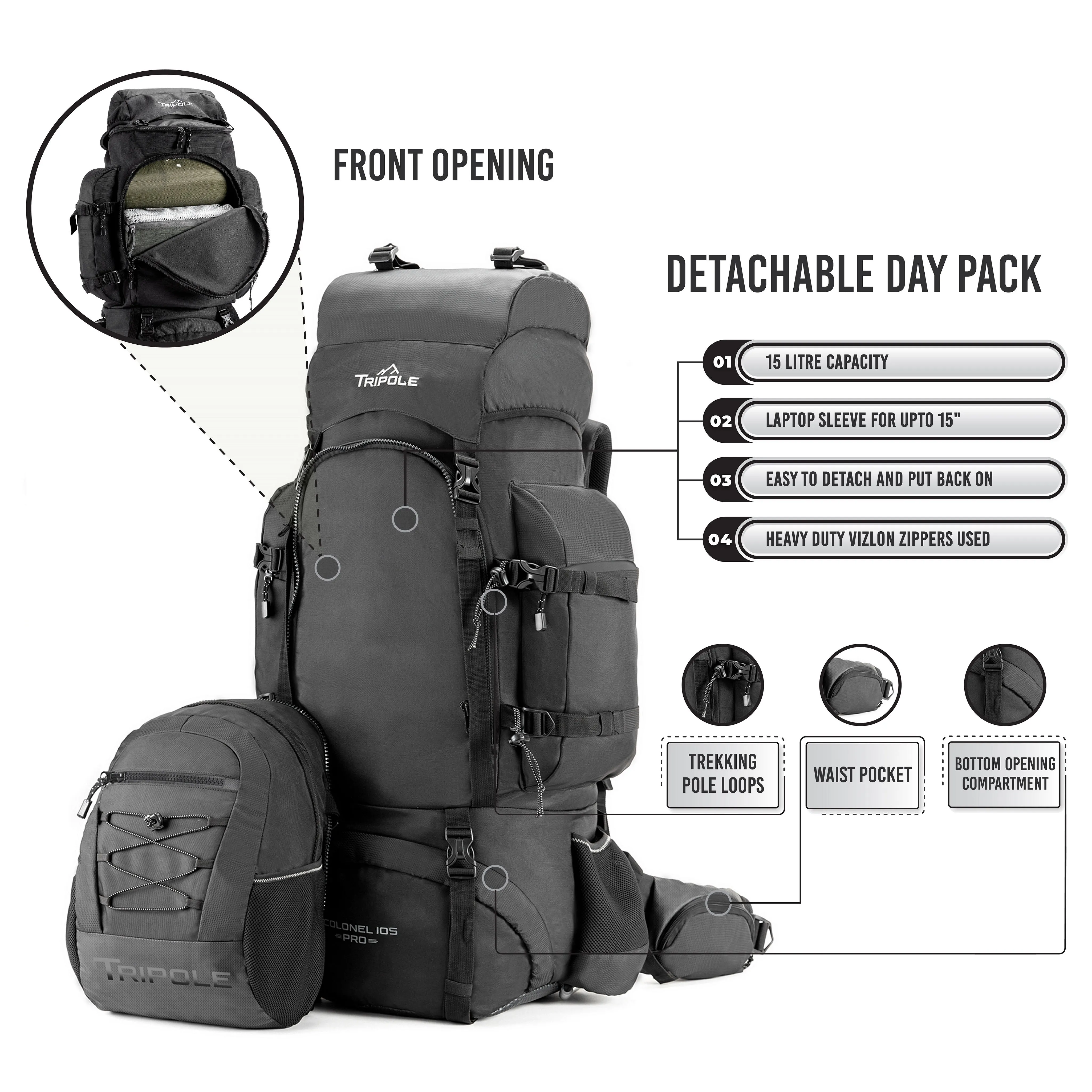 Tripole Colonel Pro Metal Frame Rucksack with Detachable Day Pack and Rain Cover for Trekking and Travelling | 5 Year Warranty (105 Ltr, Black)