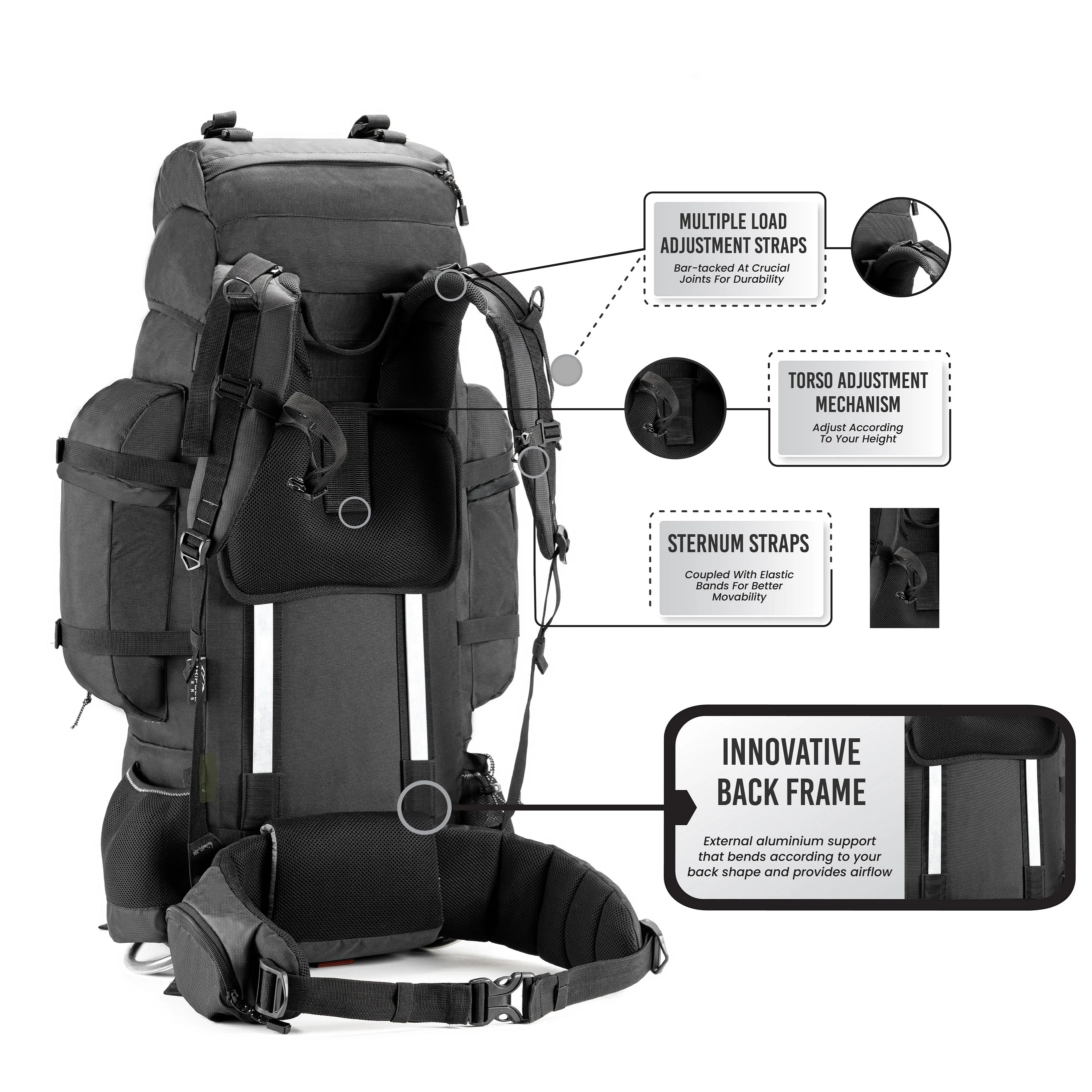 Tripole Colonel Pro Metal Frame Rucksack with Detachable Day Pack and Rain Cover for Trekking and Travelling | 5 Year Warranty (105 Ltr, Black)