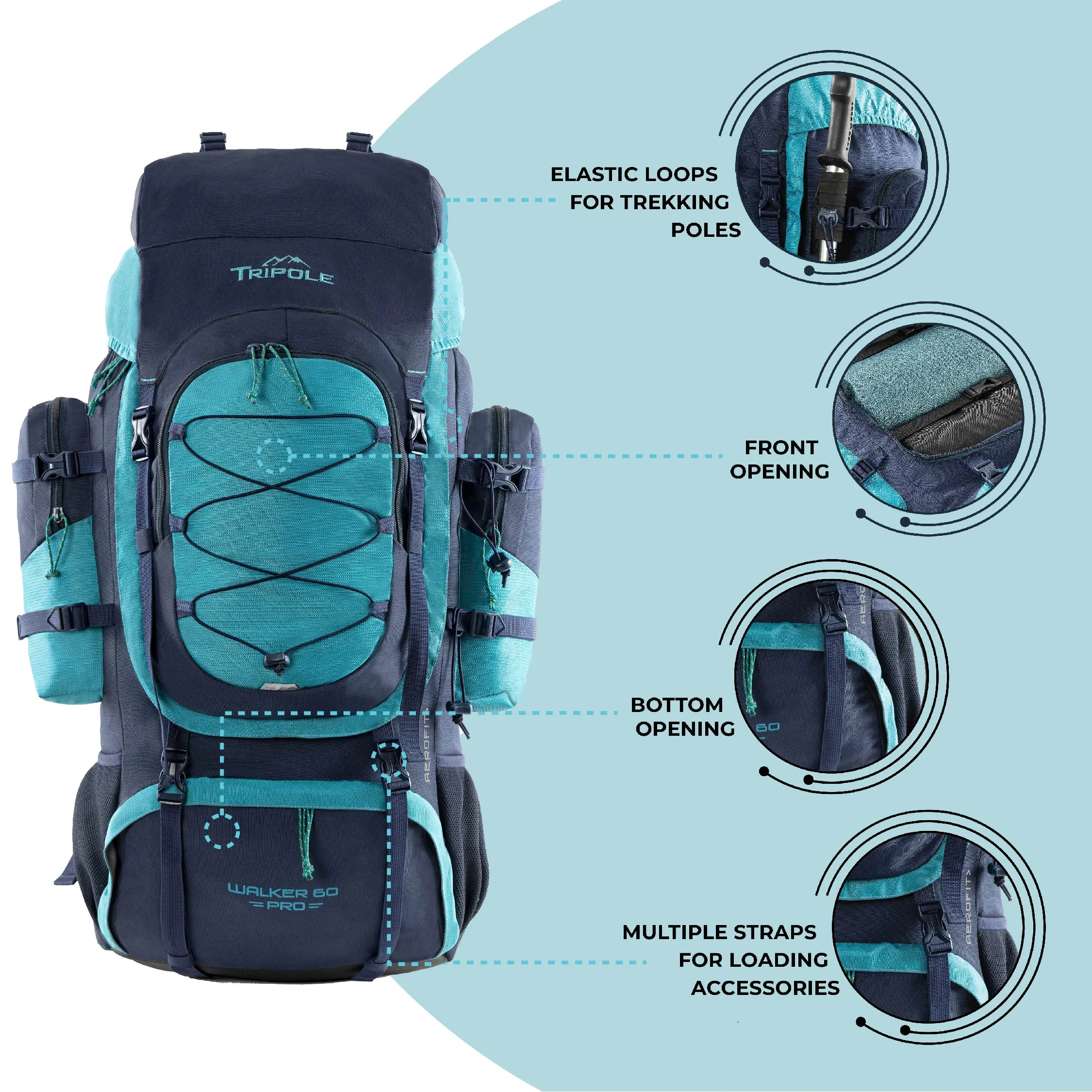 Tripole Walker Pro Metal Frame Rucksack with Rain Cover for Trekking & Travel | Front Opening | Laptop Sleeve | Men & Women| 5 Year Warranty | 60 Litre Blue