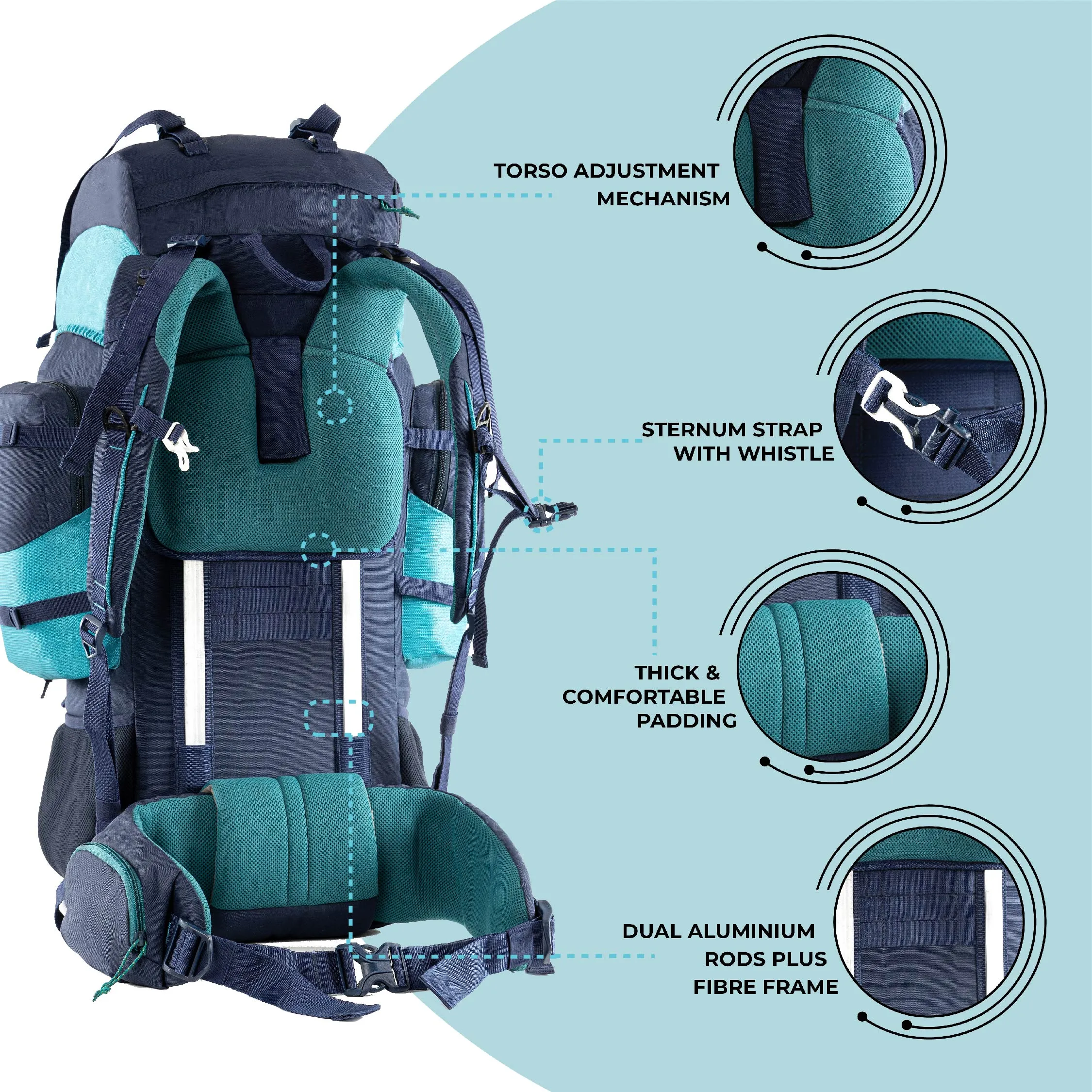 Tripole Walker Pro Metal Frame Rucksack with Rain Cover for Trekking & Travel | Front Opening | Laptop Sleeve | Men & Women| 5 Year Warranty | 60 Litre Blue