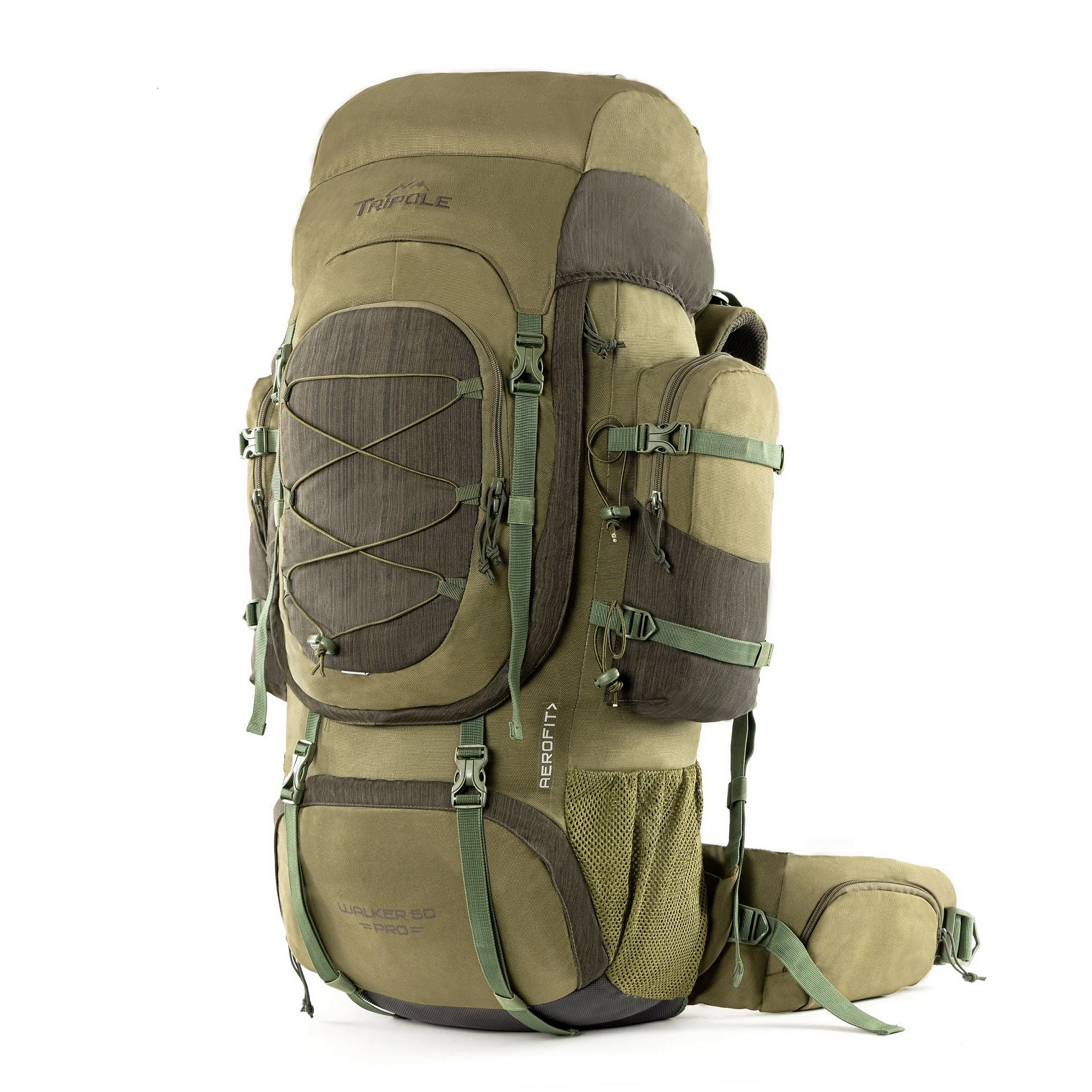 Tripole Walker Pro Metal Frame Rucksack with Rain Cover for Trekking & Travel | Front Opening | Laptop Sleeve | Men & Women | 5 Year Warranty | 60 Litre | Olive Green