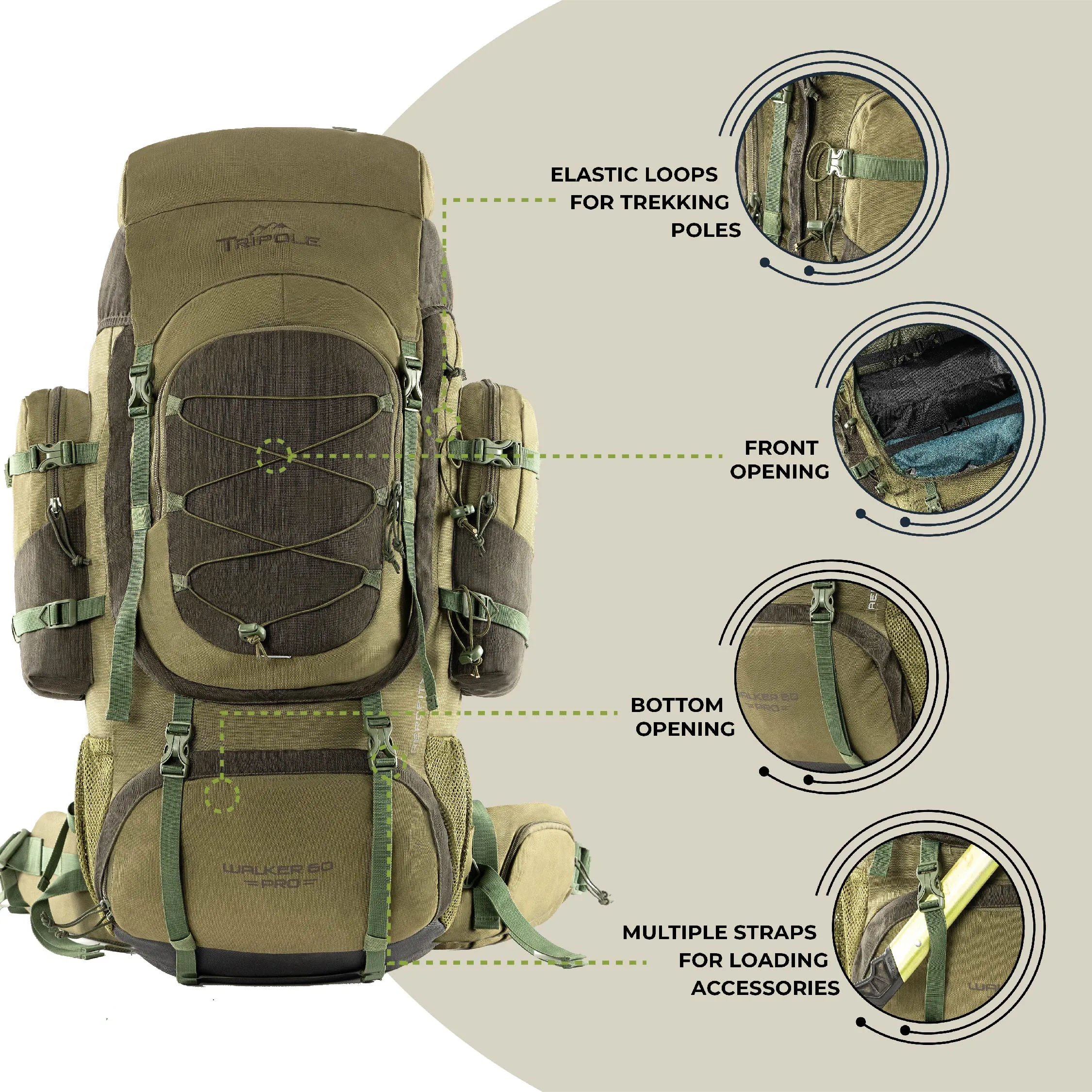 Tripole Walker Pro Metal Frame Rucksack with Rain Cover for Trekking & Travel | Front Opening | Laptop Sleeve | Men & Women | 5 Year Warranty | 60 Litre | Olive Green