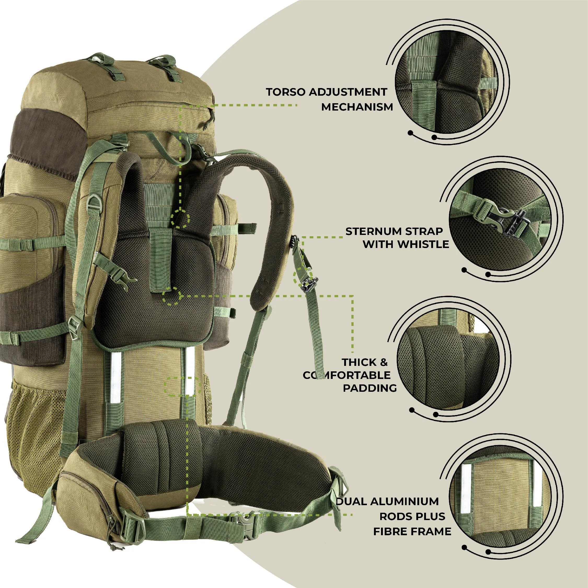 Tripole Walker Pro Metal Frame Rucksack with Rain Cover for Trekking & Travel | Front Opening | Laptop Sleeve | Men & Women | 5 Year Warranty | 60 Litre | Olive Green