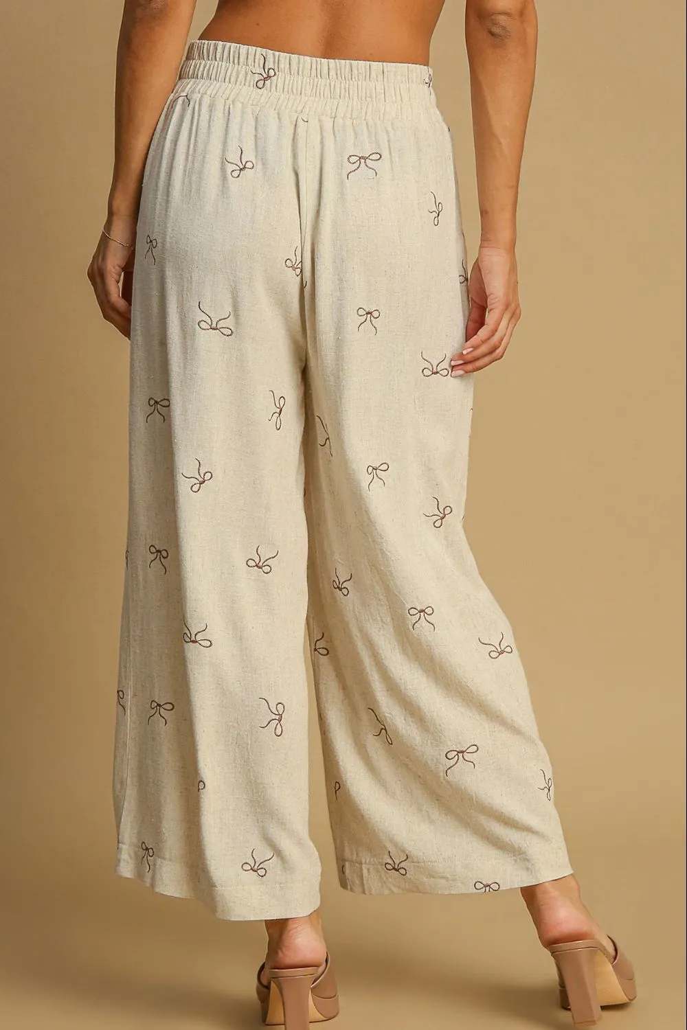 Umgee Full Size Lace Drawstring Embroidered Bow Wide Leg Pants Plus Size