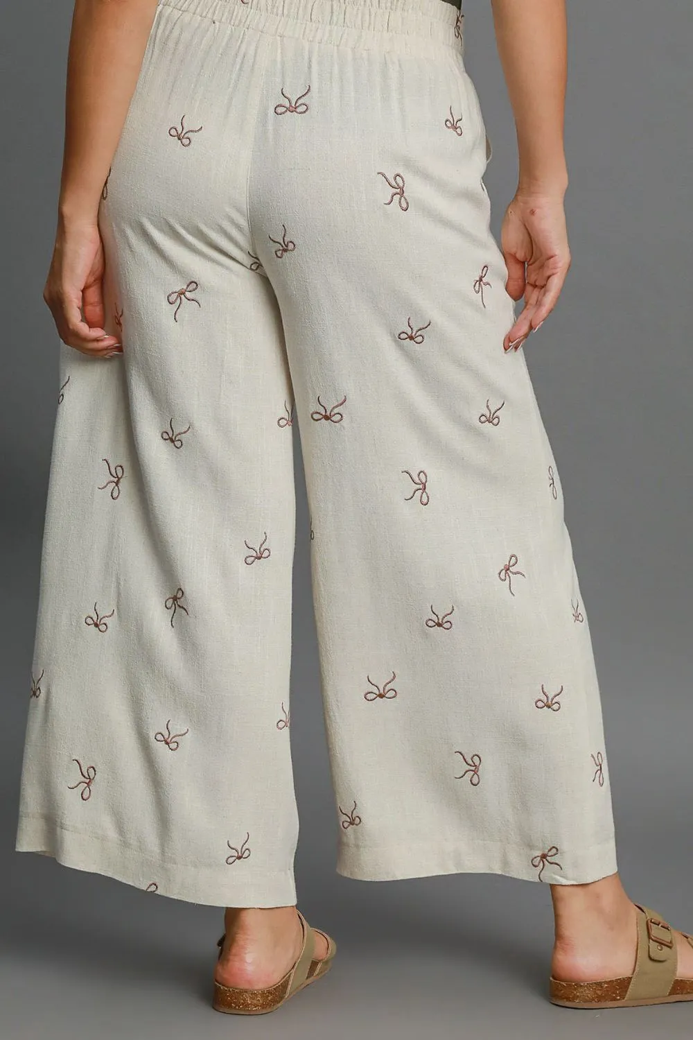 Umgee Full Size Lace Drawstring Embroidered Bow Wide Leg Pants Plus Size