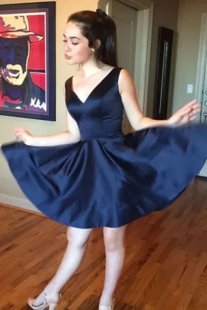 V Neck Sleeveless Pleated Dark Homecoming Dresses Satin A Line Karlie Navy Short Simple APH0243