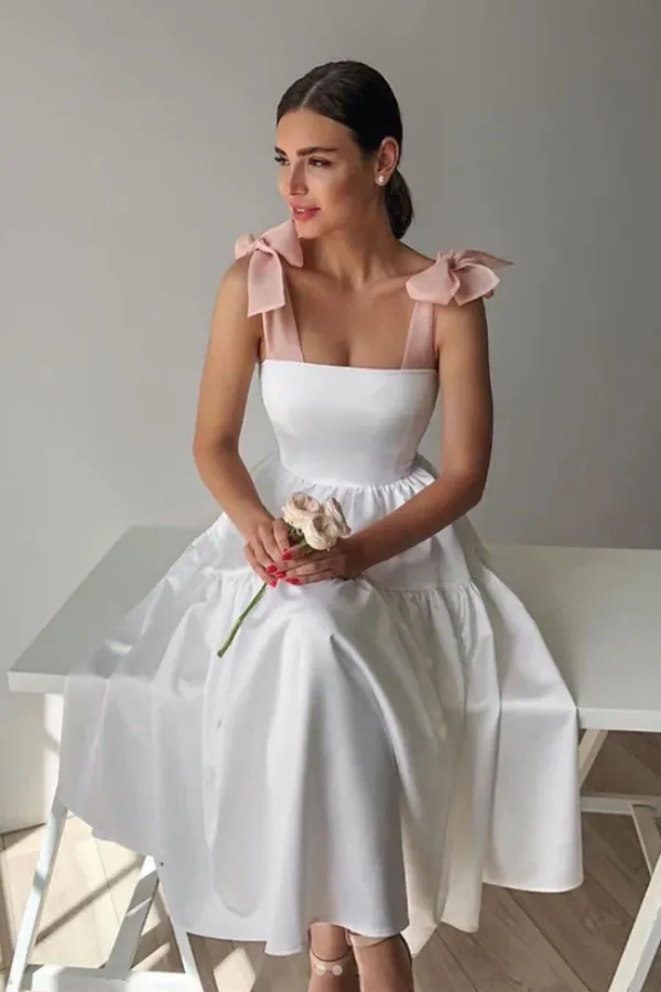 White satin short prom dress white homecoming dress APH0228